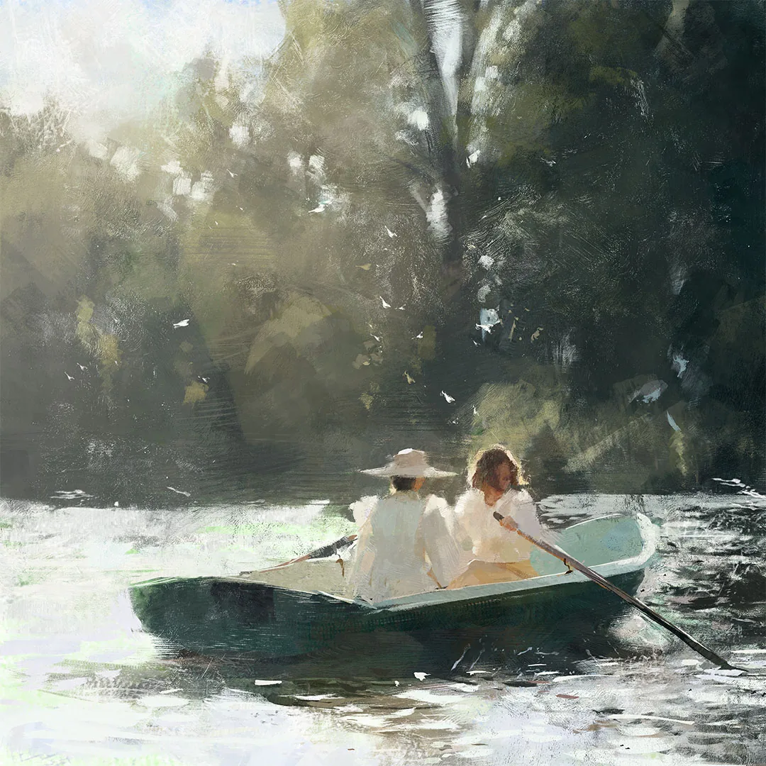 Two figures in white rowing a green boat across sunlit water beneath dense trees